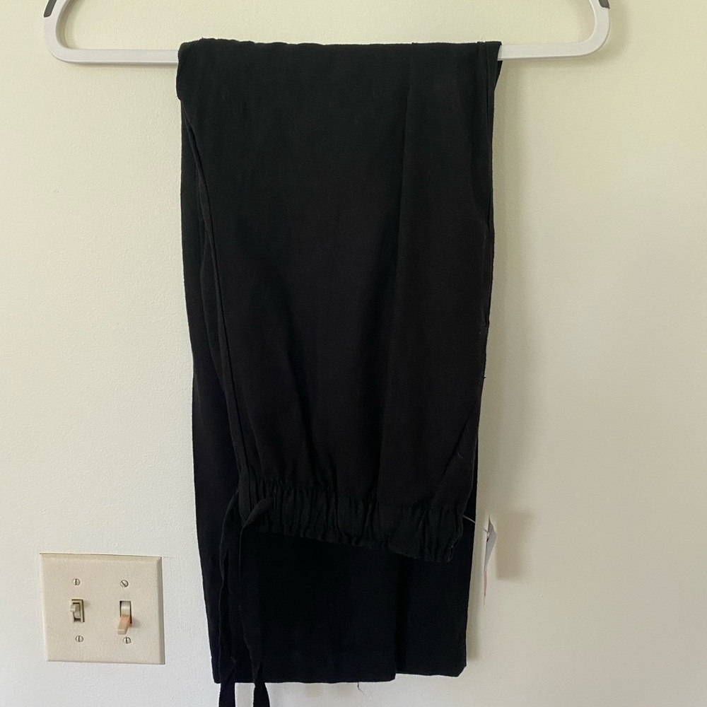 Black Linen Pants with Elastic Waist Band and Tie